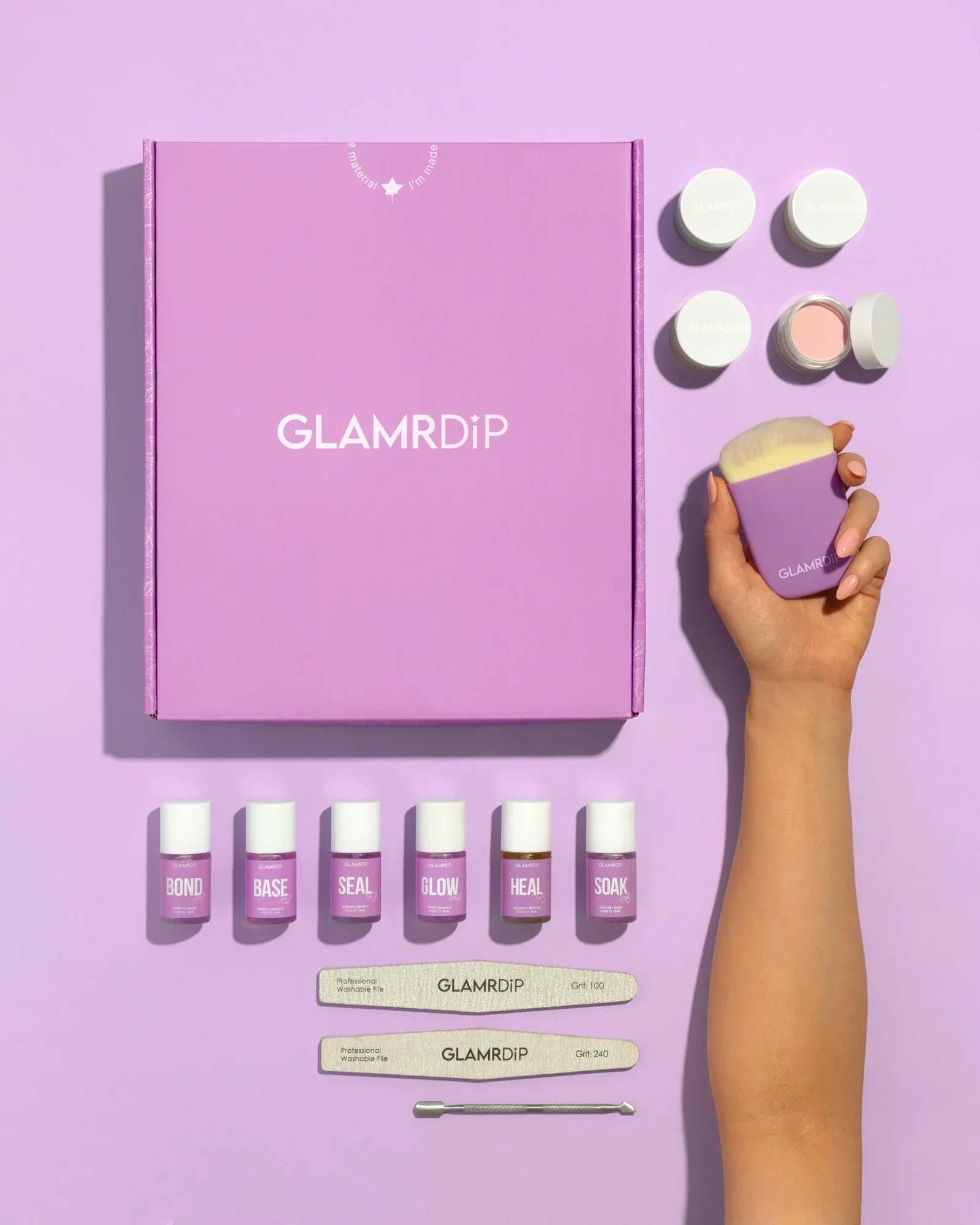 GLAMRDiP Salon Kit -asetelma — violetti lahjarasia, 6 nestepulloa, dippipuuteripurkkeja, kynsiviiloja, sivellin ja kynsinauhojen työnnin